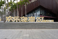 Architectural Isolation: Golden Venue Signage and Plaza Steps at OCT Harbour (SVA-26-0165)
