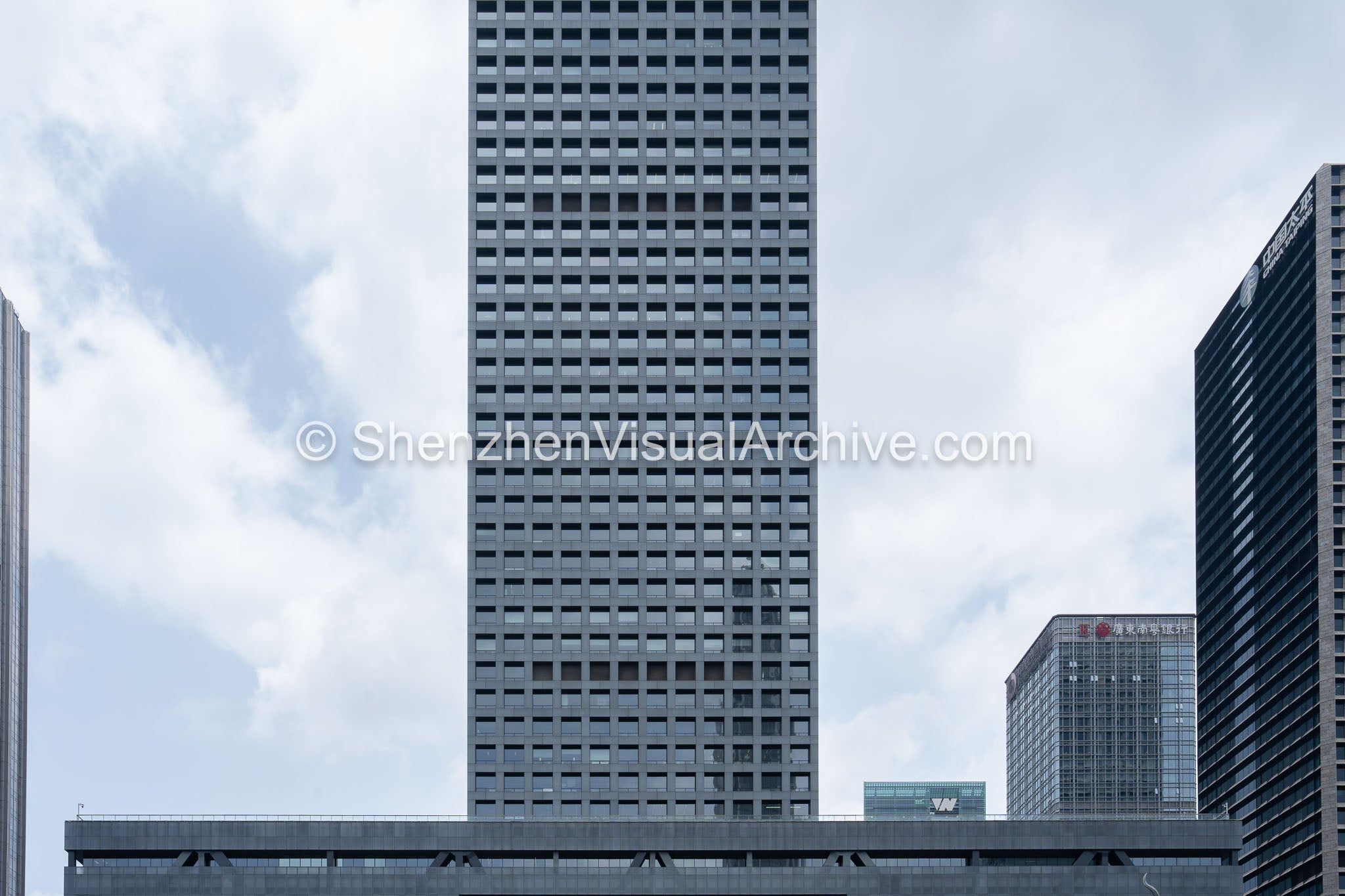 Financial District Architecture: Wide Tower Elevation of Shenzhen Stock Exchange and Taiping Finance Tower in Futian CBD (SVA-26-0187)