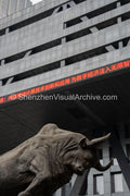 Financial Power: Low Angle Charging Bull and Red LED Banner at Shenzhen Stock Exchange (SVA-26-0190)